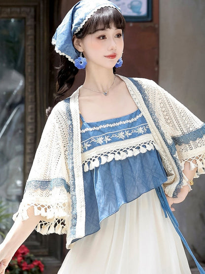 White and Blue Lace Tassel Cardigan with Floral Print Sleeveless Pleated Dress - Han Ru Chu Hanfu &amp; Han-Element Studi