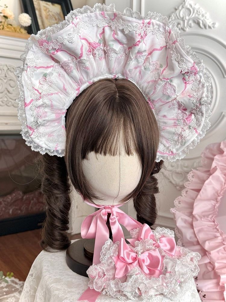 Mint Green/White Rose Print Lace Lolita Bonnet