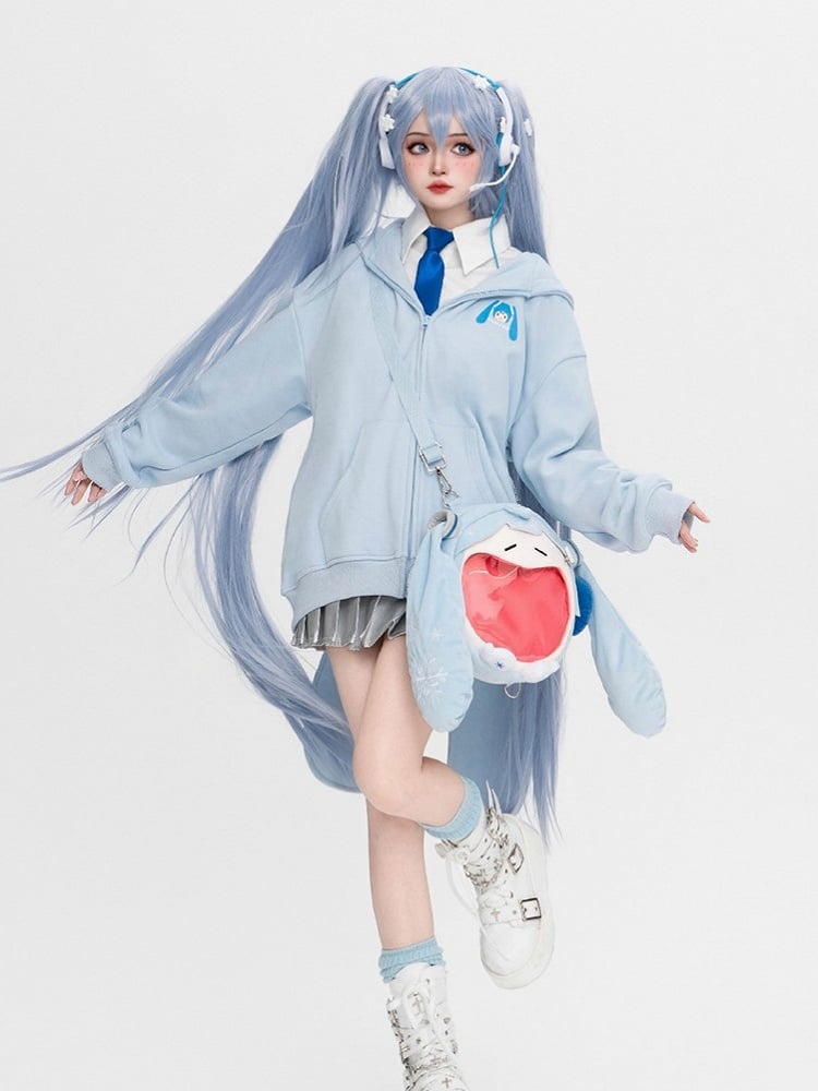 Full Set: Ears Snow + Tie Oversized Blue Hoodie + Socks + Skirt + Bunny Shirt