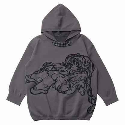 White/Grey Little Cartoon Girl  Hooded Sweater