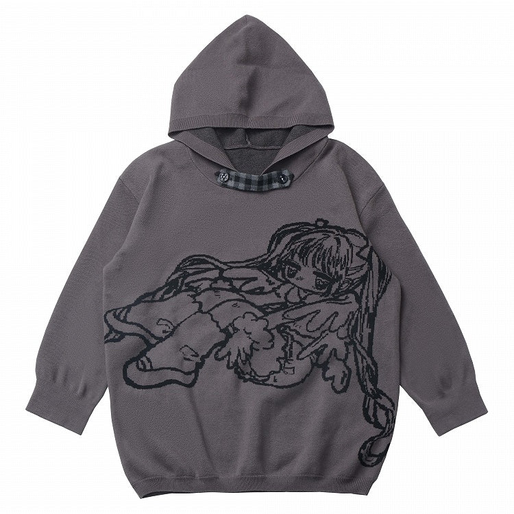 Weiß/Grauer Kapuzenpullover mit kleinem Cartoon-Mädchen