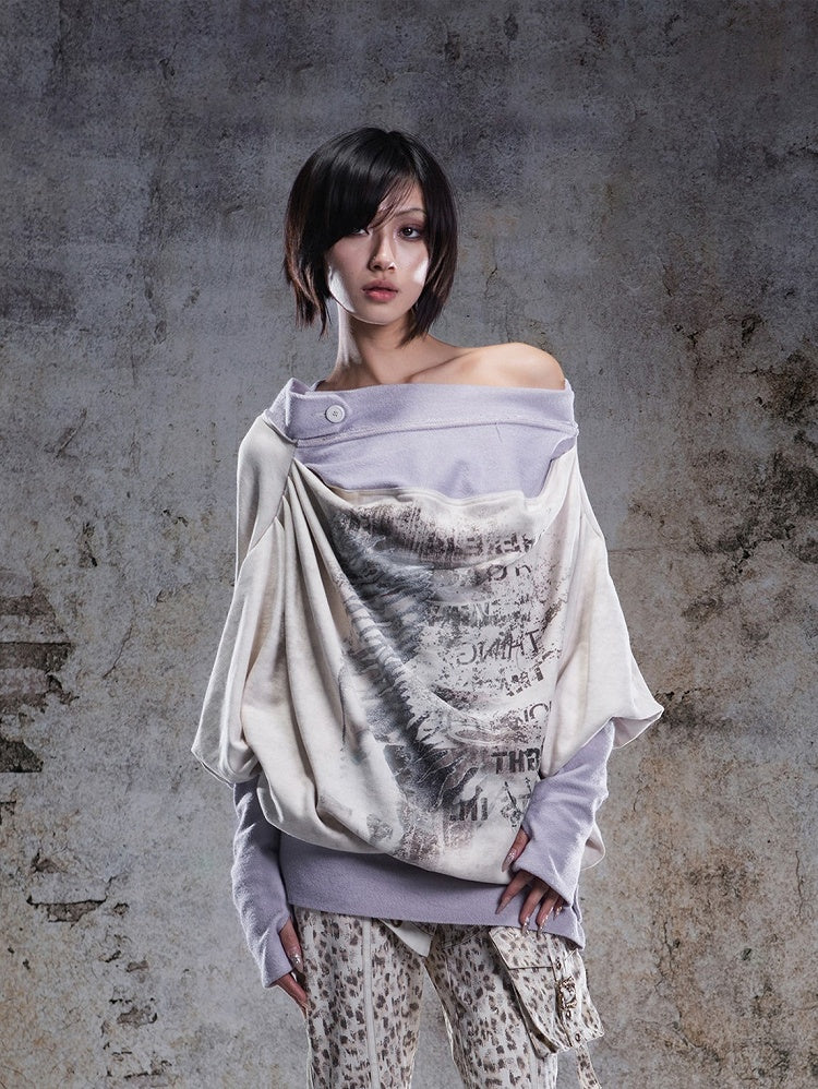 Top with Purple Print Accents Button Two-piece Punk Apricot Letter