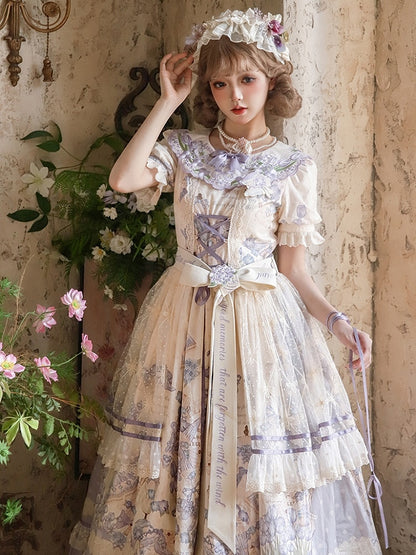 Plus Floral Purple Available Dress Short Lolita Embroidery Print Sizes and Classic Sleeves