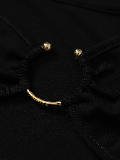 Black Knit Short-Sleeve Top with Rhinestone Design - NO ROMANCE