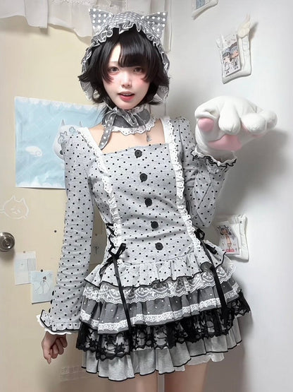 Dress Lace-Up Tiered Details Lace - Choker Polka-dot Skirt Grey Trim with Side