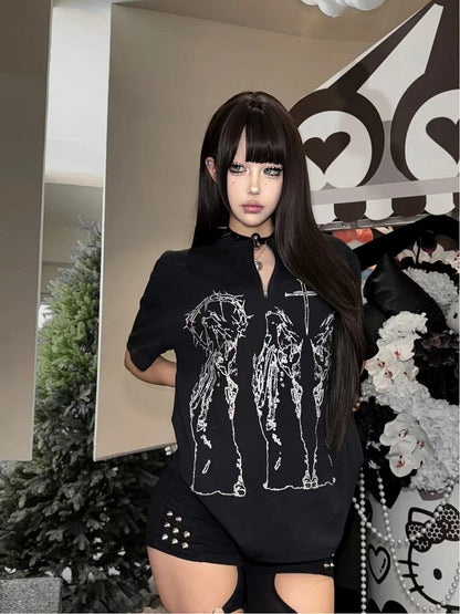 Alt Religious Fashion Black Figure with Print T-Shirt Cross