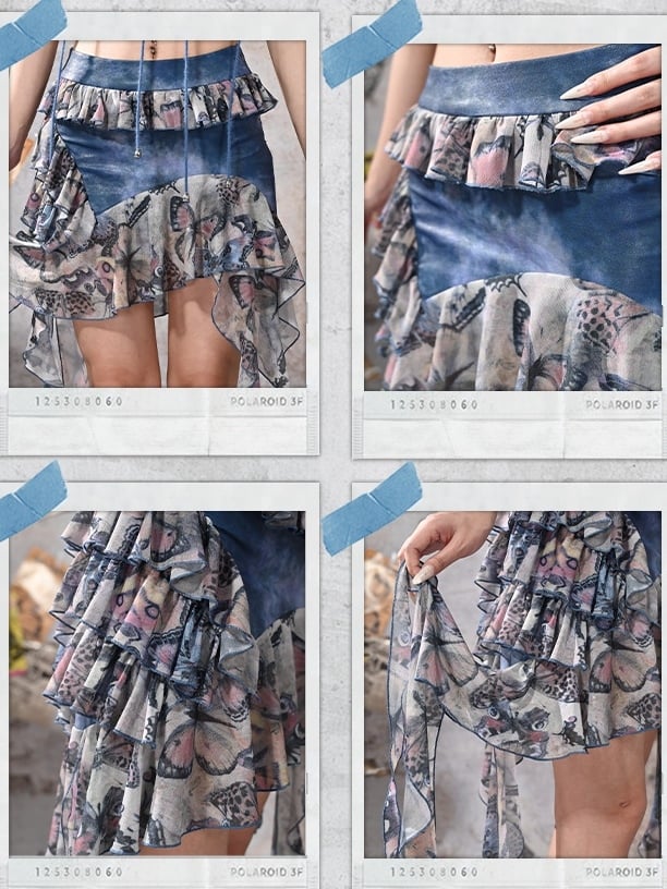 Grunge Punk Rock Fairy Style Blaue Schmetterlinge Stufenrüschen Asymmetrischer Saum Patchworkrock