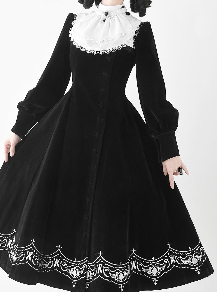 für Schwarzes Winter-Herbst-Details Nonne und Stickereiärmel Lolita-Samtkleid lang