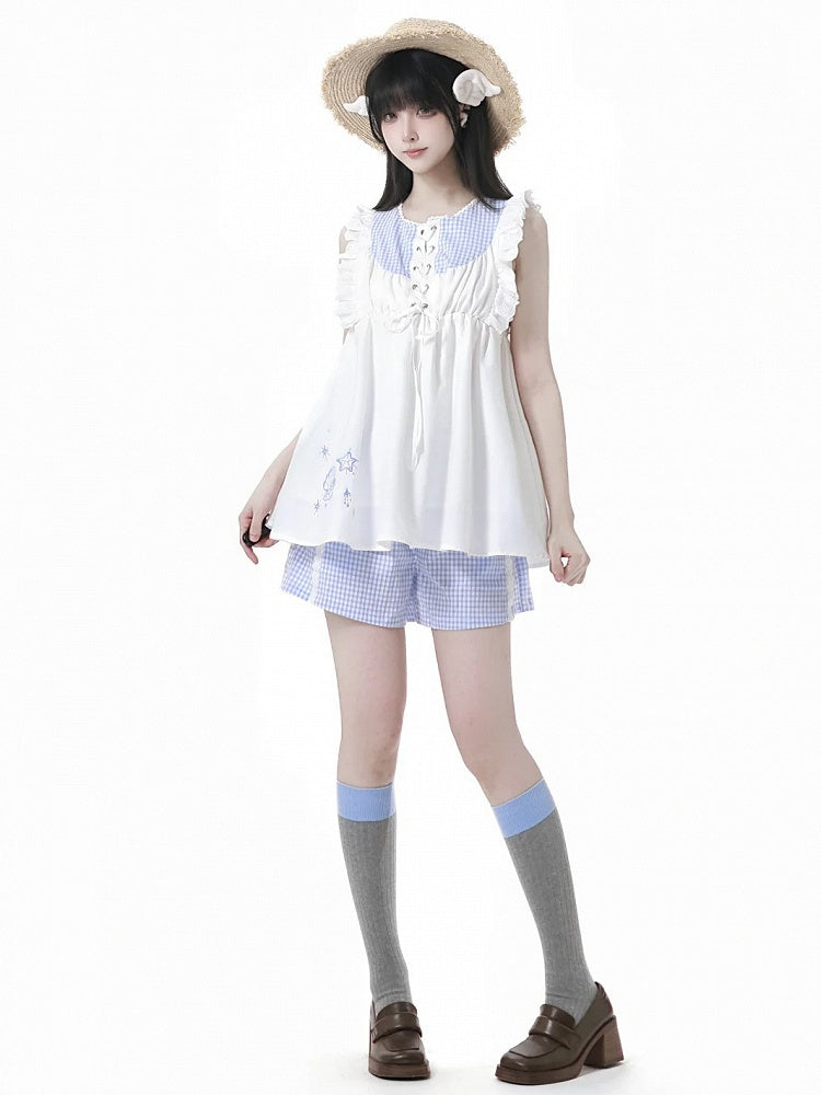 Shorts Blue Waist Elastic Plaid