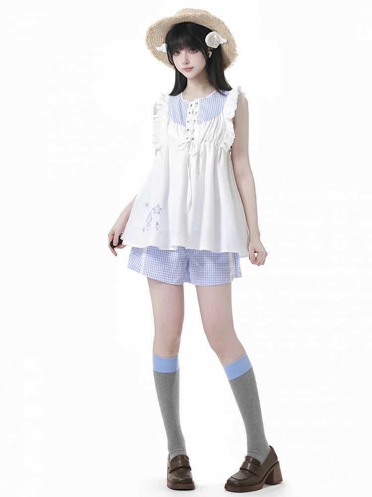Flutter Sleeves Top and Plaid Seashell and Starfish Embroidery White Blue Front Lace-up