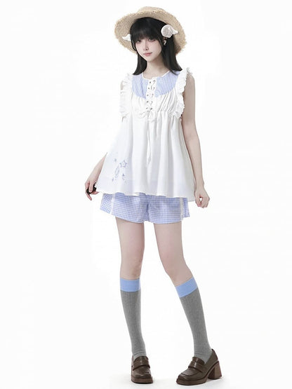 Flutter Sleeves Top and Plaid Seashell and Starfish Embroidery White Blue Front Lace-up
