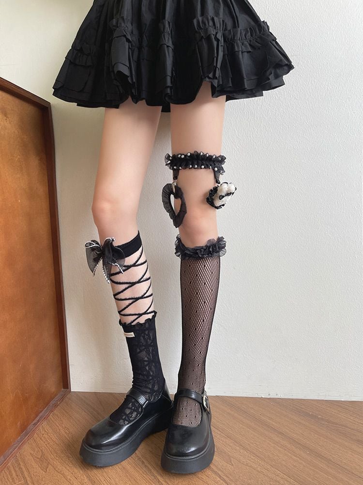 Banded Black Socks/Leg Underknee Stockings/Lace Loop Crisscorss