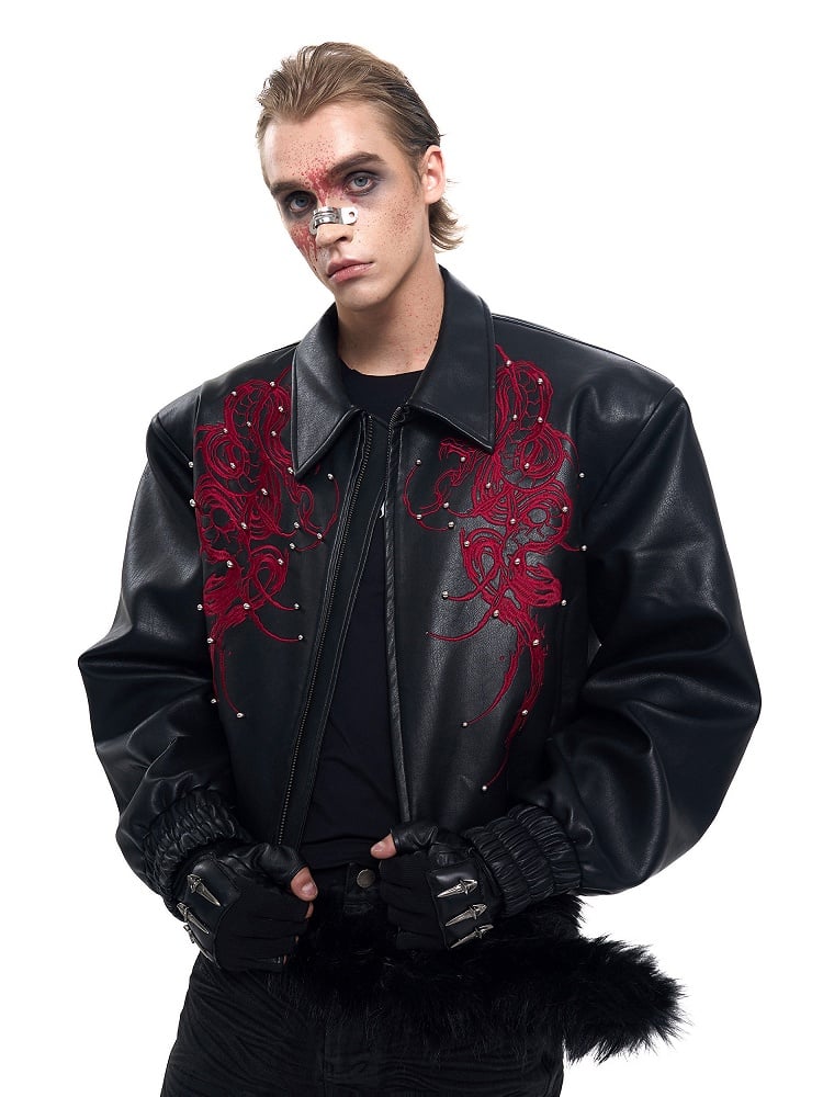 Embroidery Cropped Details with Men's Jacket Studded Thorn PU Black Snake