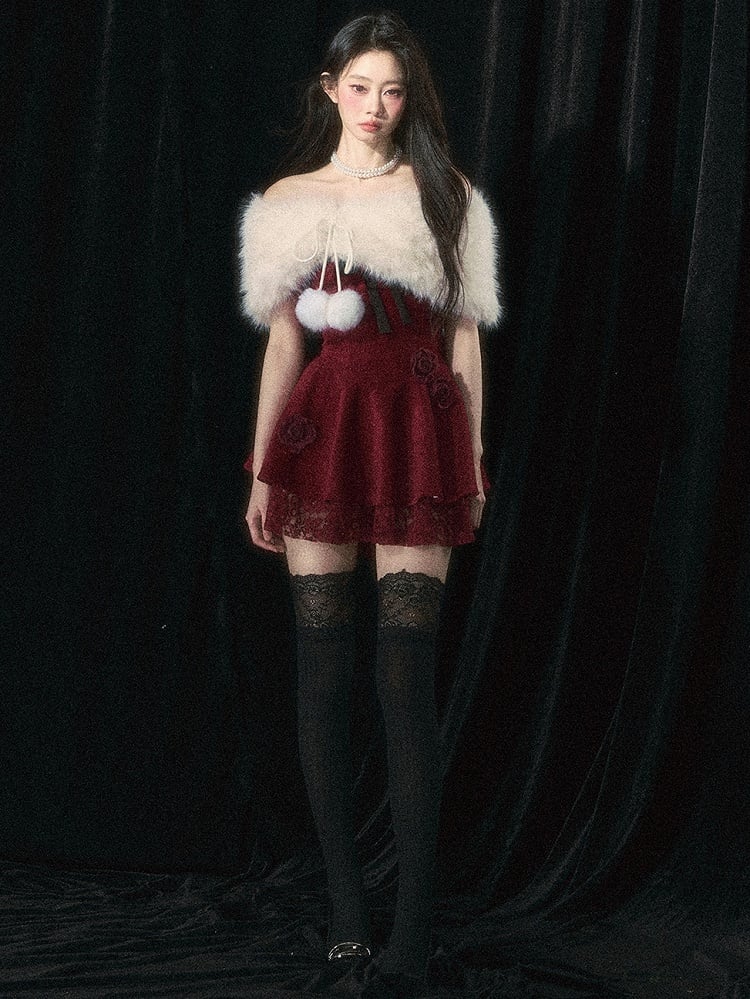 Weinrotes trägerloses Kleid mit Rosenverzierungen und Plüschschal-Set