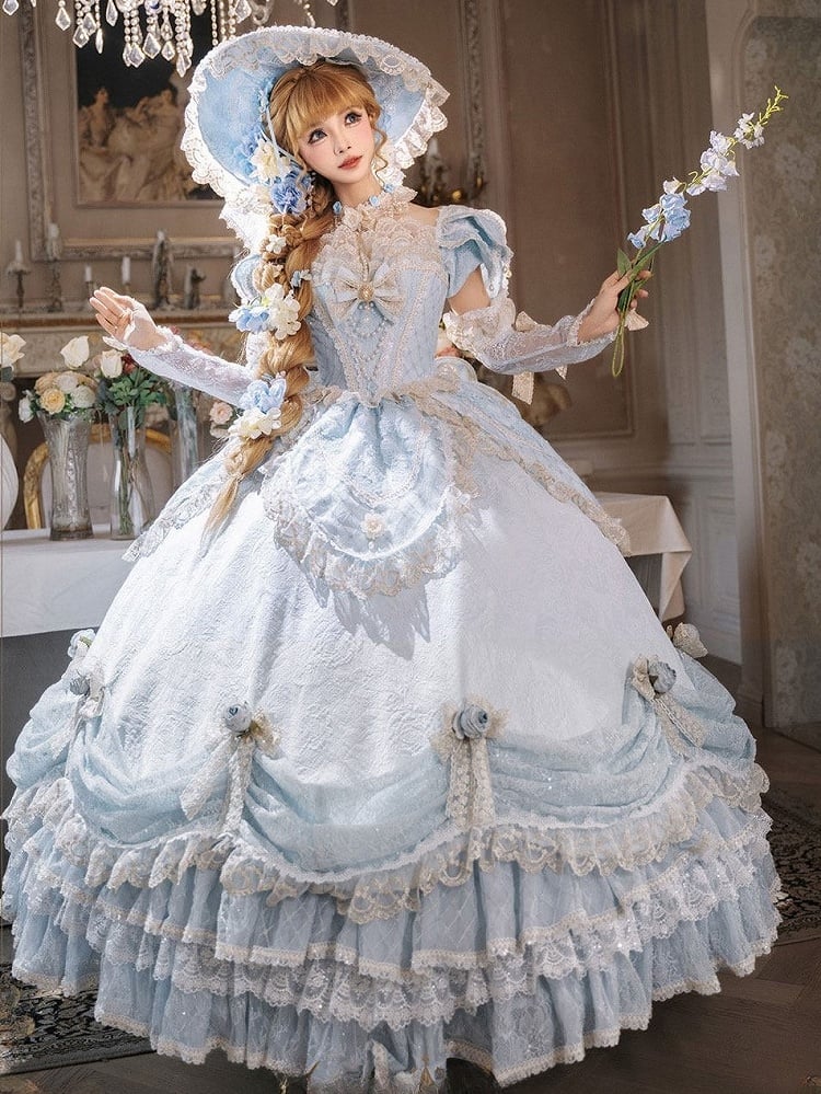 Light Blue Off-Shoulder Hime Lolita Gown - Layered Lace Princess Dress