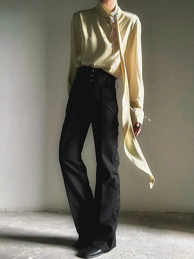 Yellow with Neck Prince Flowing Design Ouji Shirt Ribbon Mock - Accents