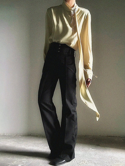 Yellow with Neck Prince Flowing Design Ouji Shirt Ribbon Mock - Accents