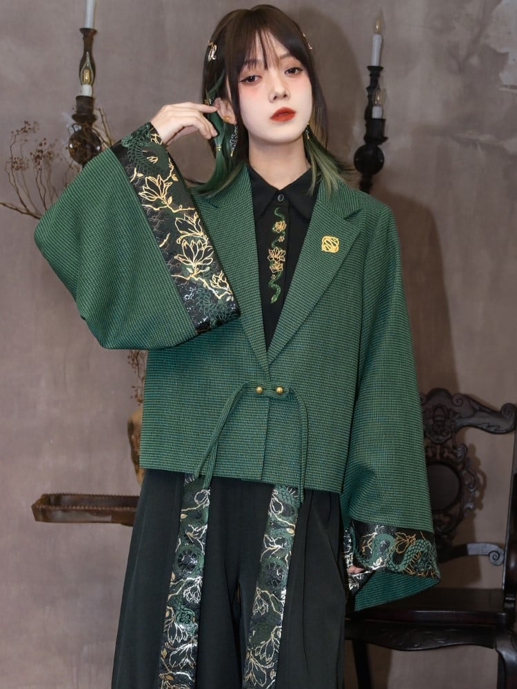 Sleeves Snake Crop with Brocade Han Cheongsam Gothic Green Wide Blazer