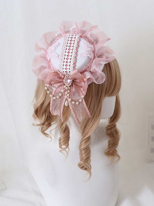 Detachable Mini And Bowknot Gorgeous Pink With Chains Rhinestone Lace Hat Bead Lolita