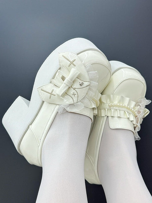 for Lolita Ruffles Platform Shoes Trim High - Block White Heel