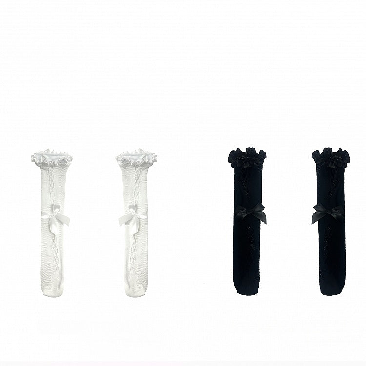 and Calf Bowknots Cut-out Fishnet Socks Ruffles with White/Black