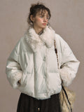 Beige/Brown Short Puffer Jacket with Faux Fur Trim and White Duck Down Filling