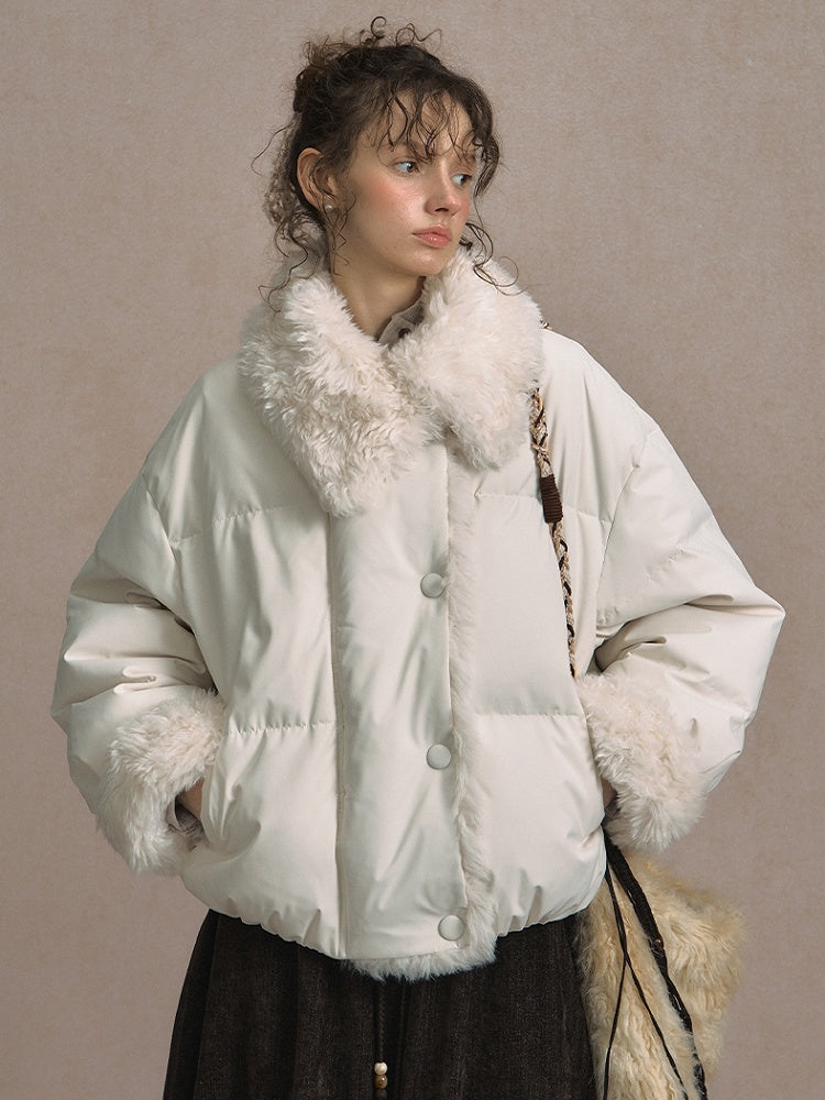Beige/Brown Short Puffer Jacket with Faux Fur Trim and White Duck Down Filling
