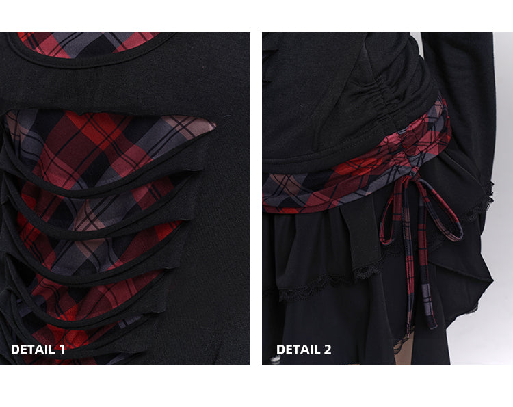 Sweetheart Neckline Distressed Holes Faux Two-pieces Red