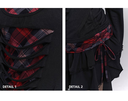 Sweetheart Neckline Distressed Holes Faux Two-pieces Red