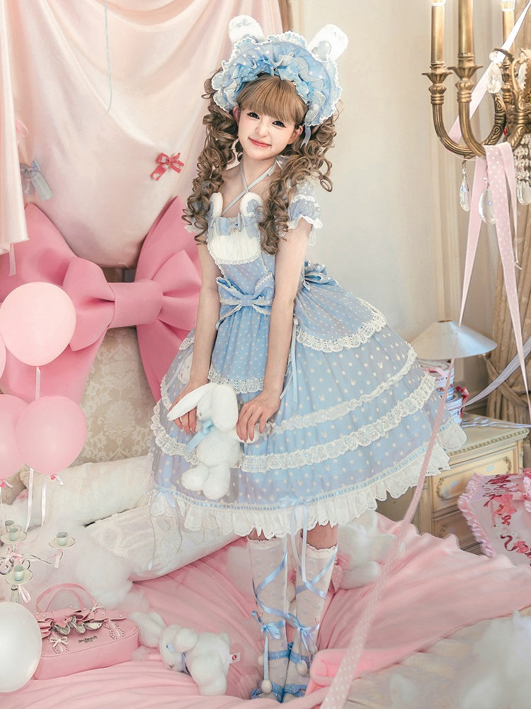 Süßes Lolita-Kleid mit Häschen-Quadrat-Punktmuster und Ohren, blauer Plüsch-Ausschnitt