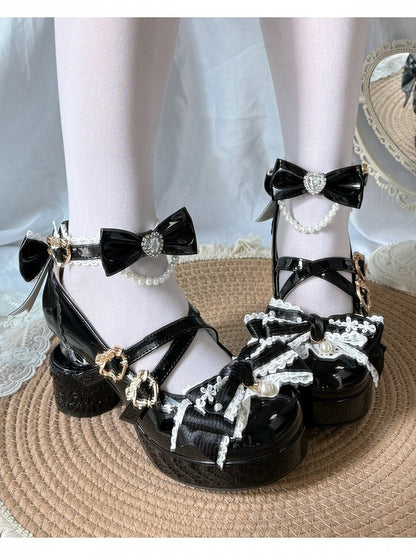 Black Lolita Shoes with Pearl Chain and Moon Heel - Pu Yue Meng