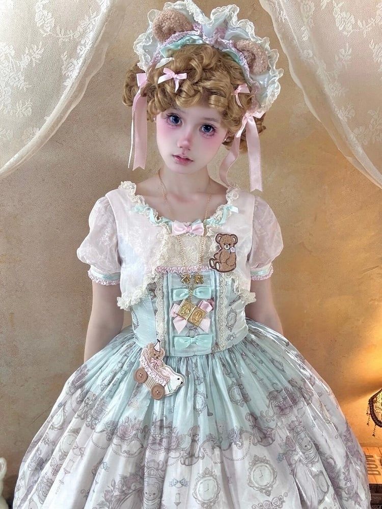 Rose & Mint Short Sleeve OP Gown with Bear Motif - Lunethe