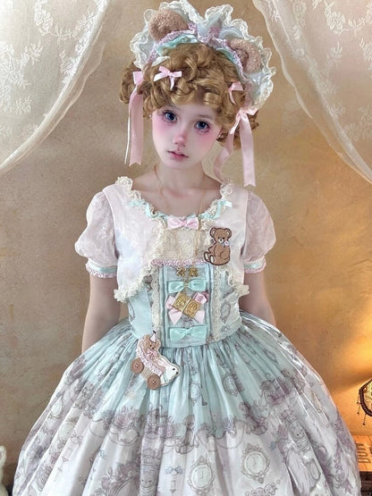 Rose & Mint Short Sleeve OP Gown with Bear Motif - Lunethe