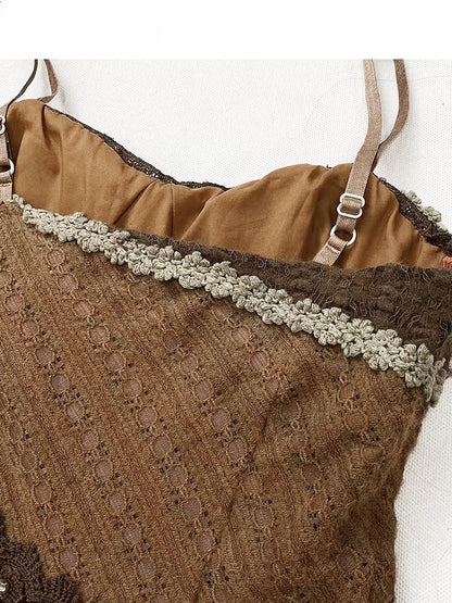 Millard Fashion Wasteland Punk Vintage Brown V-neck Floral Trim Glamorous Cami Dress With Overlay