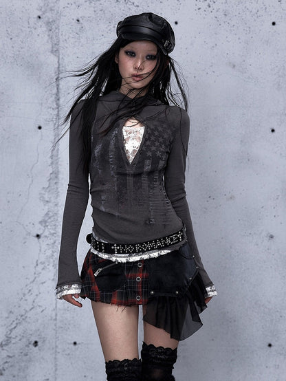 Punk Ruffled Mini Red Detachable Plaid Front Panel - Rock Skirt Black