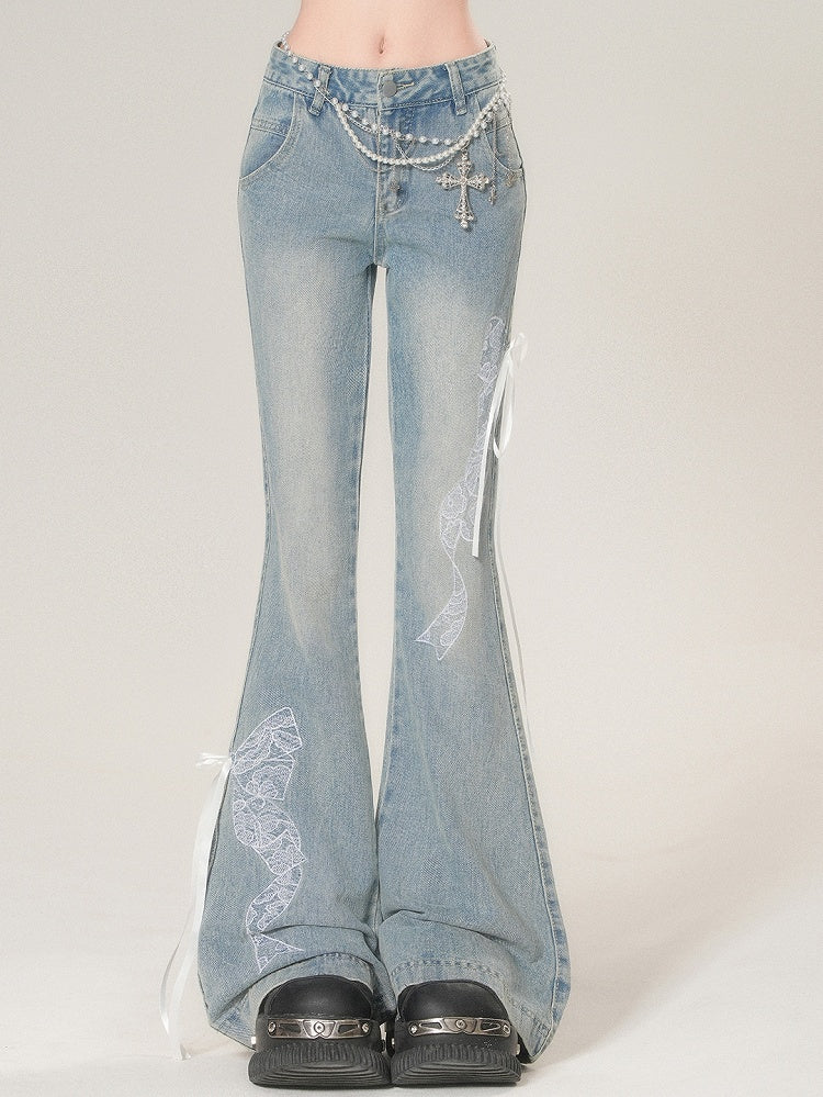 Bowknot Silhouette Flare Bestickte Spitze Glamouröse Jeans Blau