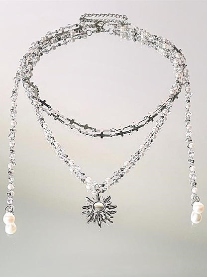 Sunflower Multi-Layered Silver Pendant With Y2K Necklace