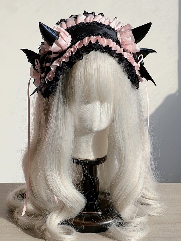Lace Gothic and – Horn Ruffles Accents Hairband Black with Devil