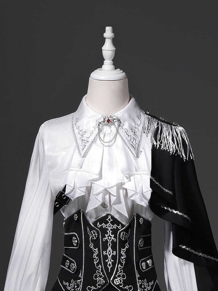 Belt+Black Corset Lolita Pants Pieces Three Prince Shirt+Embroidered Cape Set-One-Shoulder Ouji