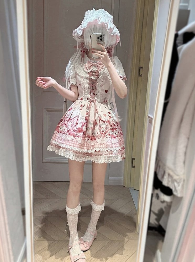 Pink Bunny and Cherry Print Short-Sleeve OP Dress with Matching Skirt - Doki Cherry