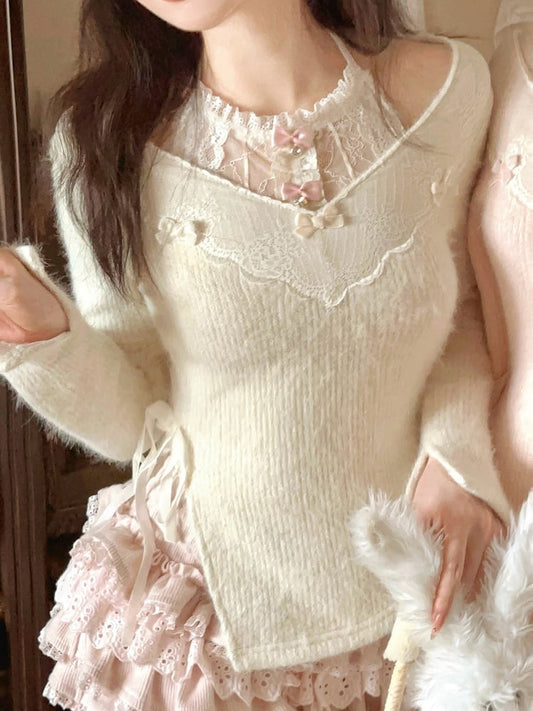 Sweater With Bow Accents and Playful Ribbon Detail White Lace-Trimmed V-Neck Knit