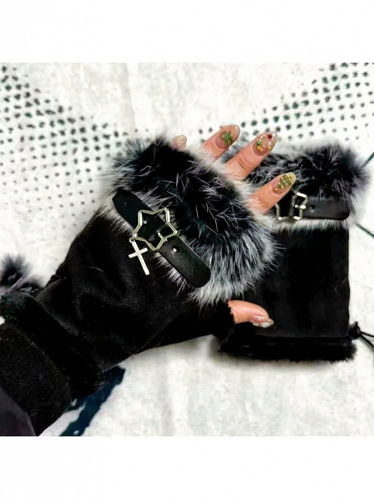 Plush Half-Finger Gloves with Metal Buckle - Post-2000 Gift Shop