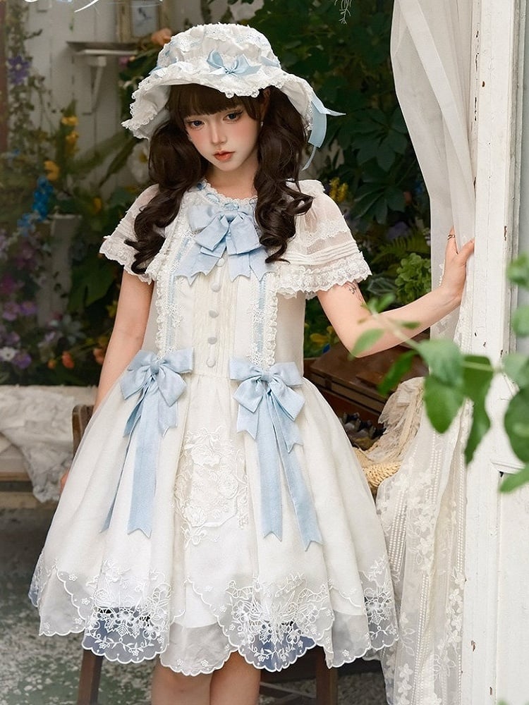 White Flutter Sleeve Lolita Dress with Bows and Scallop Trim