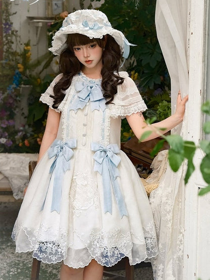 White Flutter Sleeve Lolita Dress with Bows and Scallop Trim