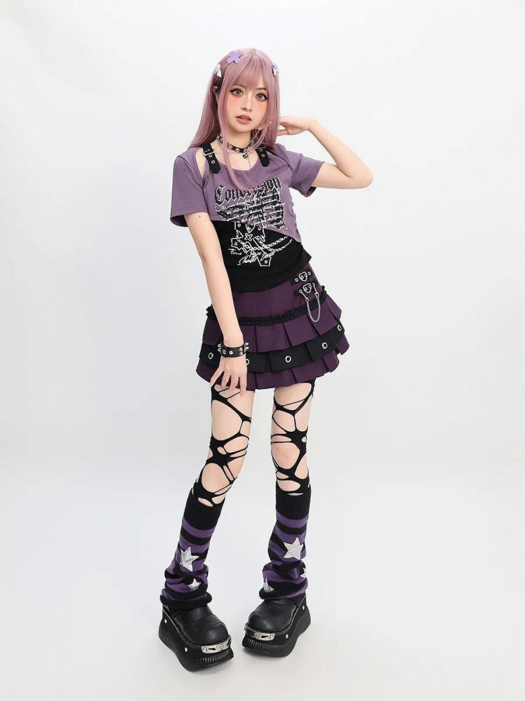 バタフライプリントTシャツ ショートカラーブロック カットアウトショルダーバージョン レッド/ピンク/パープル Y2K