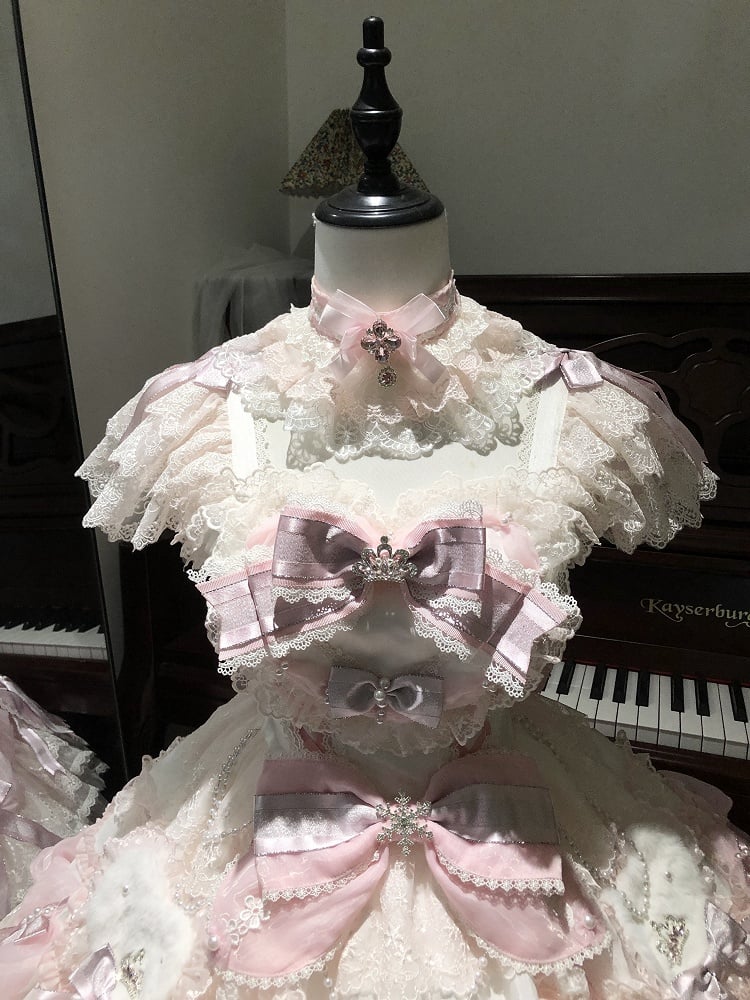 Dress Lolita Hime Accents Pink Skirt and Princess Layered with Bow Pearl