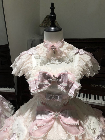 Dress Lolita Hime Accents Pink Skirt and Princess Layered with Bow Pearl