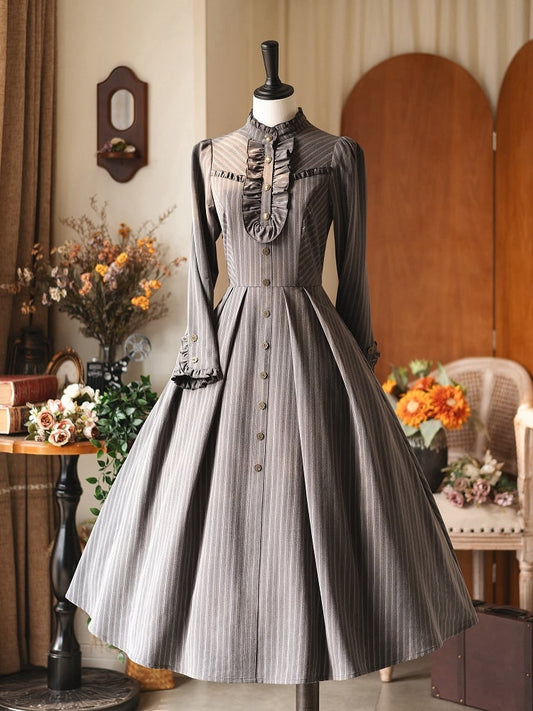 Ruffle Details and with Lacing Gray Back Side Striped Vintage Zipper Dress