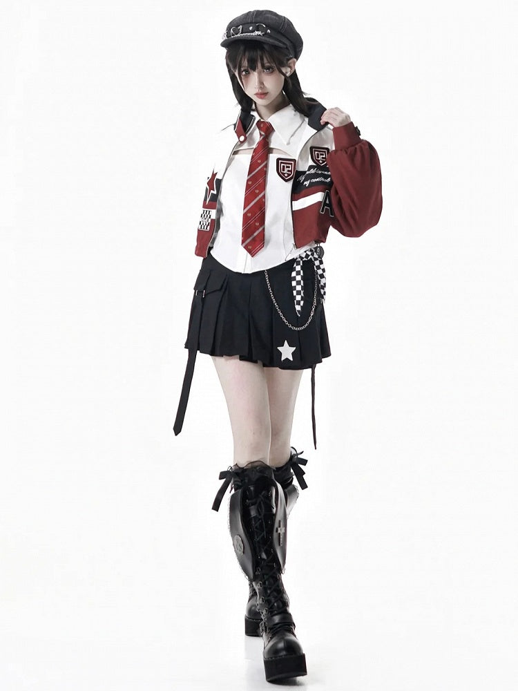 Red Cropped Embroidered Zipper Applique Jacket Moto-Inspired Accents with White