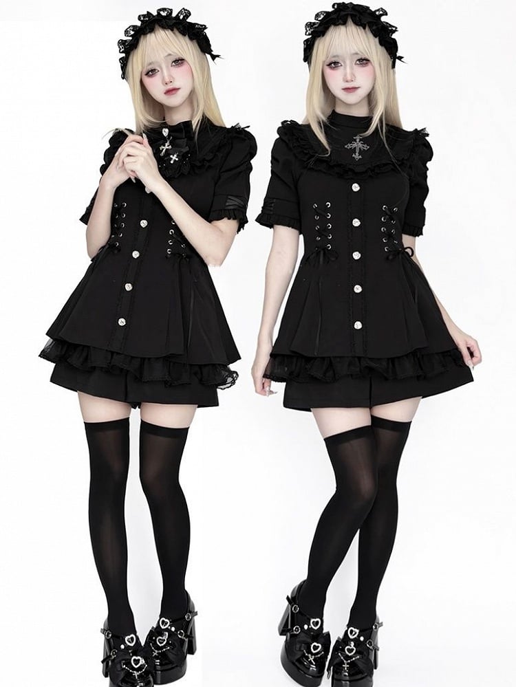Kei Jirai – Komplett schwarzes Kleid mit Schleife am Ärmel, kurzes Lätzchen und abnehmbarem Set